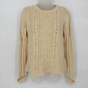 VTG Worthington Sz M Cream Cotton Blend Crewneck Sweater Cable Knit Rolled Cuffs